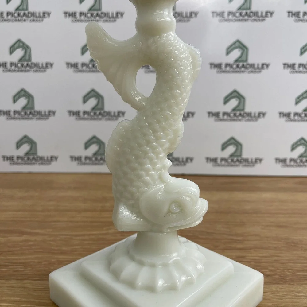 Vintage Milk Glass and Clear Glass Dolphin Koi Fish Candlestick Holders Set 2